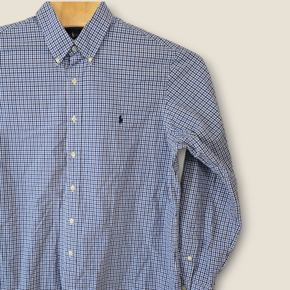 Ralph Lauren Mens Gingham Check Button Down Shirt Long Sleeve‎ XL Blue White
